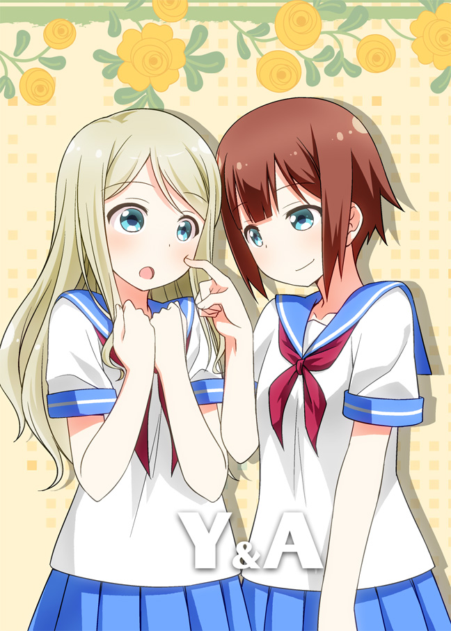 2girls aqua_eyes ayase_arisa blonde_hair brown_hair cheek_poking cowboy_shot flower kousaka_yukiho long_hair love_live!_school_idol_project multiple_girls neckerchief open_mouth pleated_skirt poking rose school_uniform serafuku shirt short_hair short_sleeves skirt smile umekichi yellow_rose