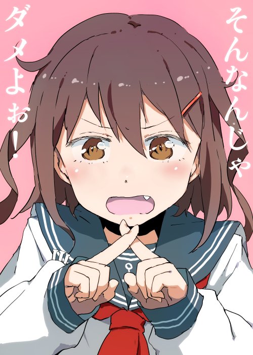 bangs brown_eyes brown_hair commentary_request crossed_fingers fang gomennasai hair_ornament hairclip ikazuchi_(kantai_collection) index_finger_raised kantai_collection neckerchief open_mouth school_uniform serafuku short_hair sleeves_past_wrists tearing_up translation_request