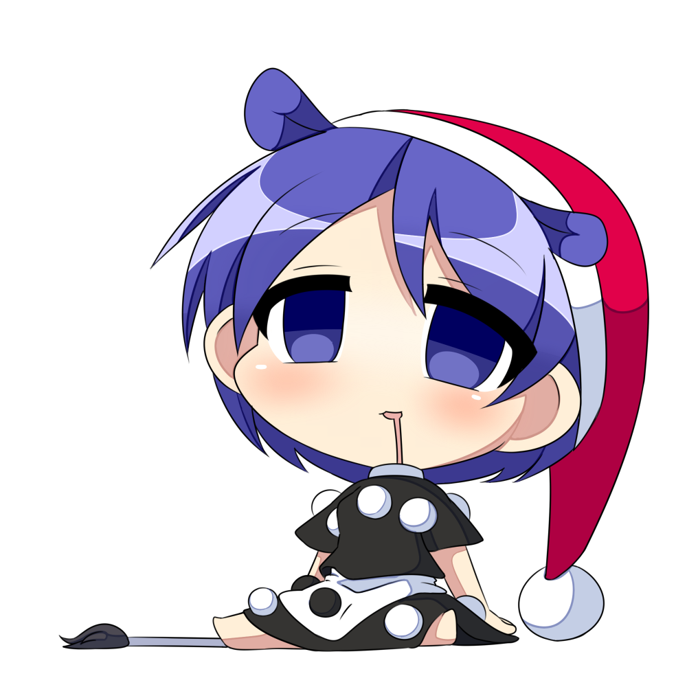 1girl blue_eyes blue_hair chibi doremy_sweet empty_eyes hat nightcap rail saliva solo touhou twumi