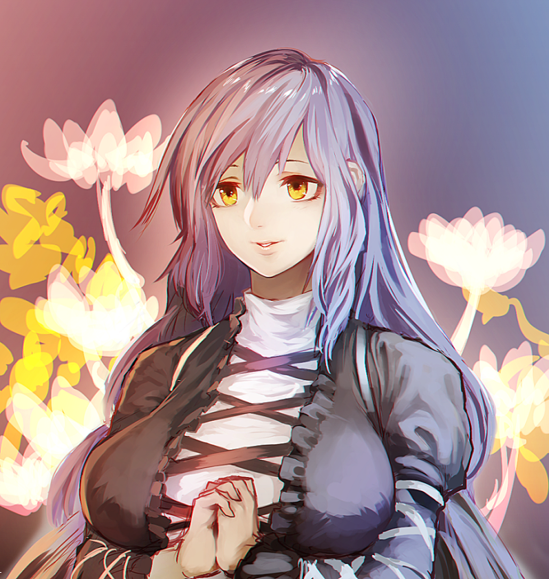 1girl black_dress breast_hold breasts brown_hair chromatic_aberration cross-laced_clothes dress floral_background gradient_hair hands_clasped hijiri_byakuren kinketsu large_breasts long_hair long_sleeves multicolored_hair purple_hair smile solo touhou two-tone_hair upper_body yellow_eyes