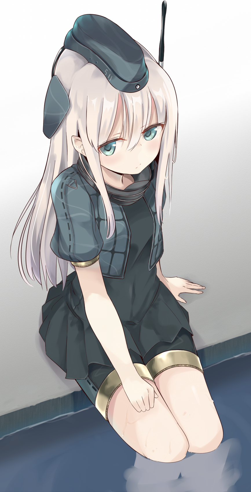 1girl :/ antennae bare_legs bike_shorts black_dress black_hat black_jacket black_shorts blonde_hair blue_eyes blush character_name closed_mouth cropped_jacket dress expressionless garrison_cap hair_between_eyes hat highres jacket kantai_collection long_hair looking_at_viewer open_clothes open_jacket pointy_ears pool puffy_short_sleeves puffy_sleeves short_sleeves shorts shorts_under_dress sitting soaking_feet solo u-511_(kantai_collection) water water_drop wet