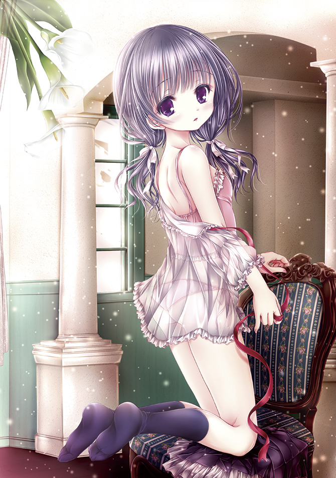 1girl :o ass bangs bare_shoulders black_legwear blunt_bangs blush camisole chair dust eyebrows eyebrows_visible_through_hair feet frilled_sleeves frills from_behind from_side full_body hair_ribbon indoors kneehighs kneeling long_hair low_twintails mubi_alice no_shoes off_shoulder original panties parted_lips pillar pink_panties plant pleated_skirt potted_plant puffy_short_sleeves puffy_sleeves purple_hair red_ribbon red_string ribbon see-through shirt short_sleeves skirt skirt_removed sleeveless solo string twintails underwear violet_eyes white_ribbon white_shirt