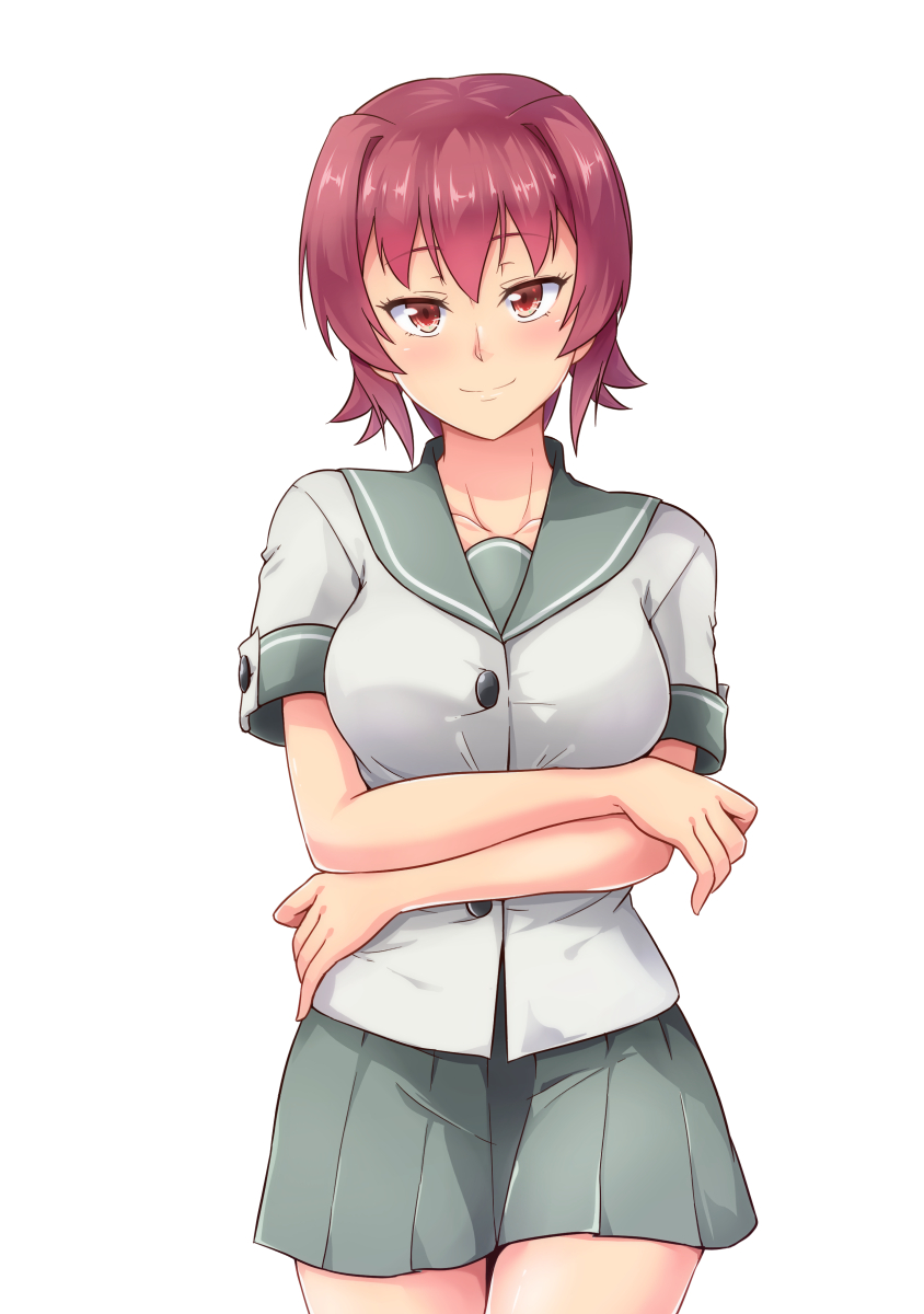 1girl blush breasts buttons collarbone highres kakiha_makoto kantai_collection kinu_(kantai_collection) large_breasts looking_at_viewer pleated_skirt red_eyes redhead school_uniform serafuku short_hair short_sleeves simple_background skirt smile solo white_background