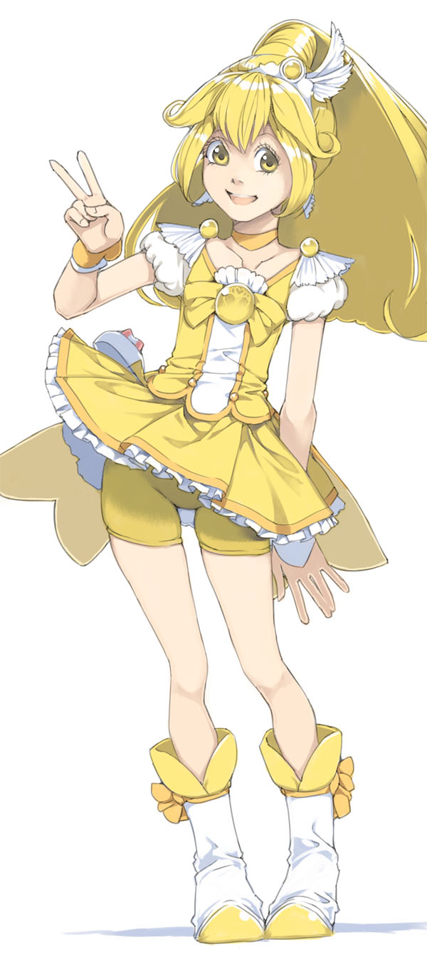 1girl akinbo_(hyouka_fuyou) bike_shorts boots bow cure_peace earrings highres jewelry kise_yayoi looking_at_viewer magical_girl open_mouth precure shorts_under_skirt skirt smile smile_precure! solo standing v wrist_cuffs yellow yellow_bow yellow_skirt
