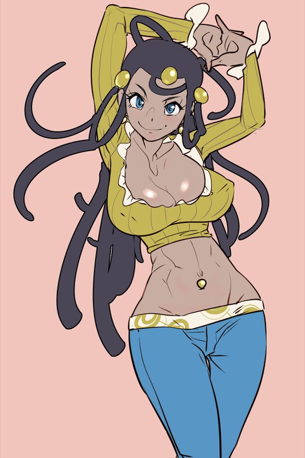 1girl arms_up black_hair blue_eyes blue_pants breasts covered_nipples dahlia_(pokemon) dark_skin frontier_brain hair_bobbles hair_ornament large_breasts long_hair midriff navel_piercing no_bra pants piercing pink_background pokemon pokemon_(game) pokemon_dppt smile solo zaitsu