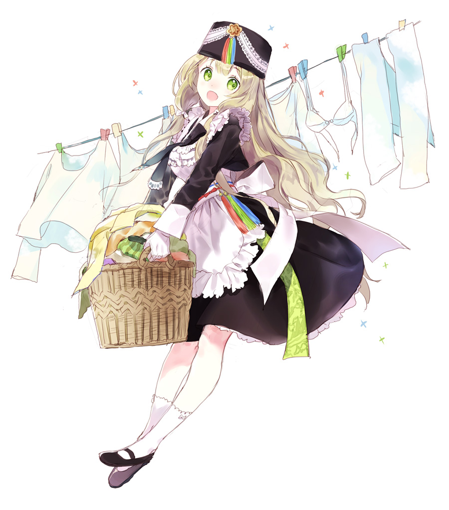 1girl :d akiru_(igel-flutter) apron black_shoes blonde_hair blush bow bra clothes_pin clothesline frilled_apron frills full_body gloves green_eyes hair_bow hat holding laundry laundry_basket long_hair long_sleeves mary_janes nose_blush open_mouth original pants shirt shoes smile socks solo sparkle underwear very_long_hair white_background white_bow white_bra white_gloves white_legwear white_pants white_shirt
