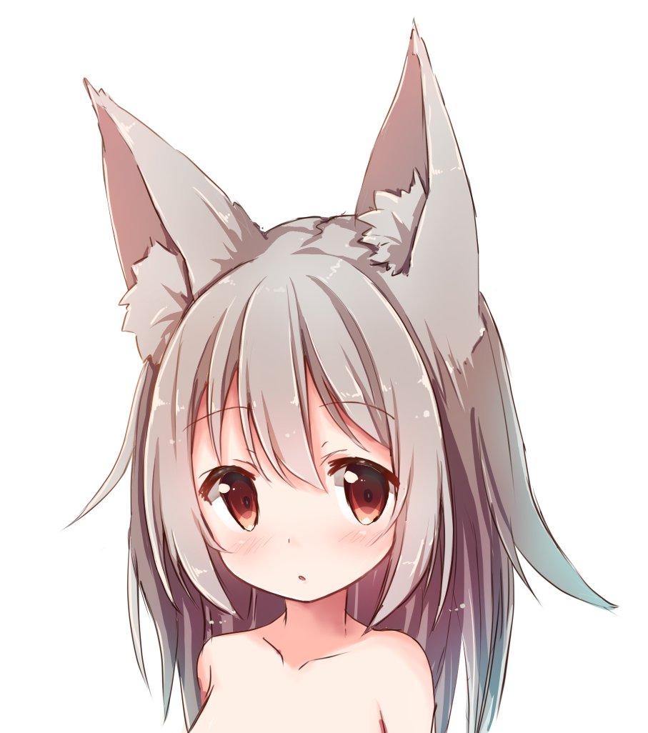 1girl animal_ears bare_shoulders blush brown_eyes collarbone commentary_request fox_ears grey_hair hair_between_eyes long_hair looking_at_viewer original out-of-frame_censoring portrait solo sorairo_len white_background