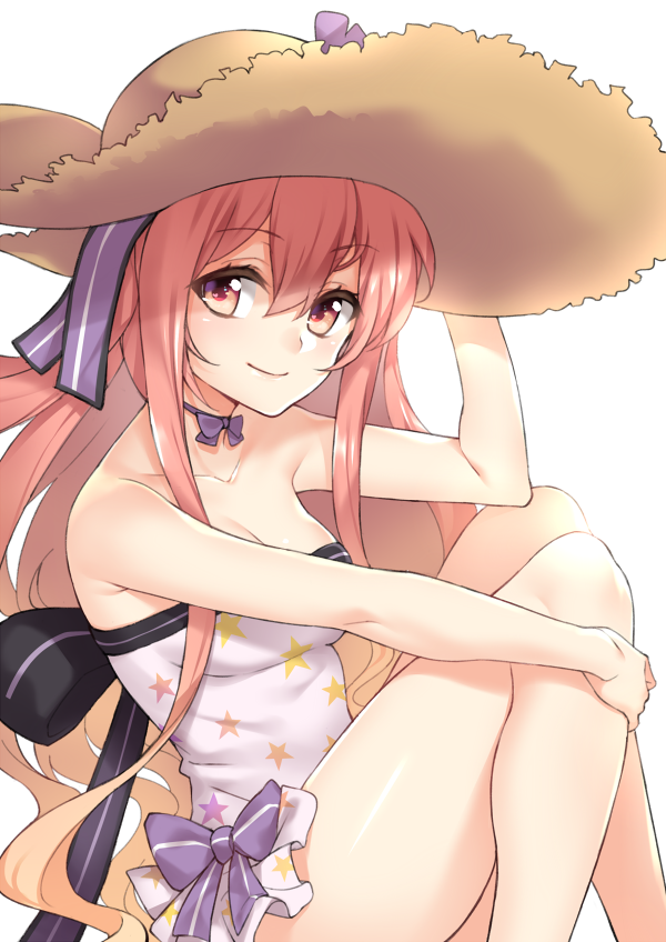1girl arm_up atelier_(series) atelier_ayesha bare_arms bare_legs bare_shoulders bow breasts brown_hat choker cleavage closed_mouth collarbone dress eyebrows eyebrows_visible_through_hair fuya_(tempupupu) hat holding holding_hat long_hair looking_at_viewer pink_hair purple_bow purple_dress red_eyes ribbon_choker sidelocks simple_background sitting smile solo strapless strapless_dress straw_hat tareme very_long_hair white_background wilbell_voll=erslied