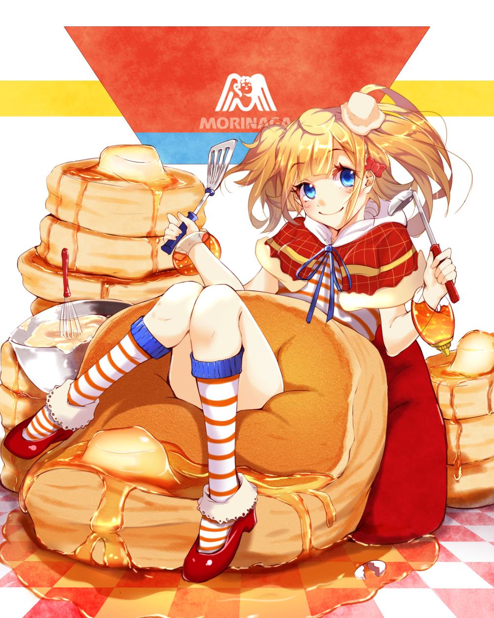 1girl blonde_hair blue_eyes bottle bowl butter food_themed_clothes food_themed_hair_ornament full_body hair_ornament highres honey kneehighs ladle looking_at_viewer morinaga_&amp;_company original pancake personification red_shoes shawl shoes short_hair sitting skirt smile solo spatula striped striped_legwear suteki_shuushuuiin_chou twintails whisk