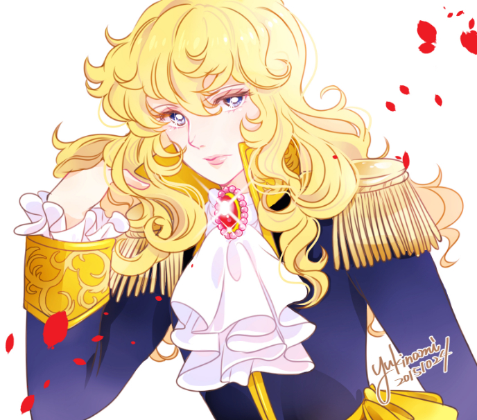 1girl androgynous artist_name blonde_hair blue_eyes brooch dated epaulettes hand_in_hair jewelry lips long_hair oscar_francois_de_jarjayes petals rose_petals shiny signature solo sparkling_eyes uniform upper_body versailles_no_bara yukinami_(paru26i)