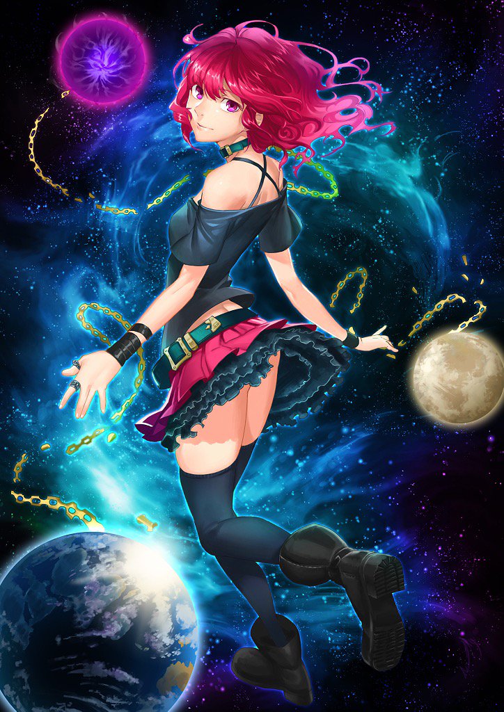 1girl bare_shoulders belt black_boots black_legwear black_shirt boots breasts butt_crack chain choker collar earth_(ornament) floating_object frilled_skirt frills from_behind hecatia_lapislazuli jewelry knee_boots legwear looking_at_viewer looking_back moon_(ornament) no_hat no_headwear open_hand open_mouth outstretched_hand pleated_skirt red_eyes redhead sanwood_mori shirt short_hair short_sleeves sidelocks skirt sky solo space star star_(sky) starry_background starry_sky thigh-highs thighs touhou triangle universe zettai_ryouiki