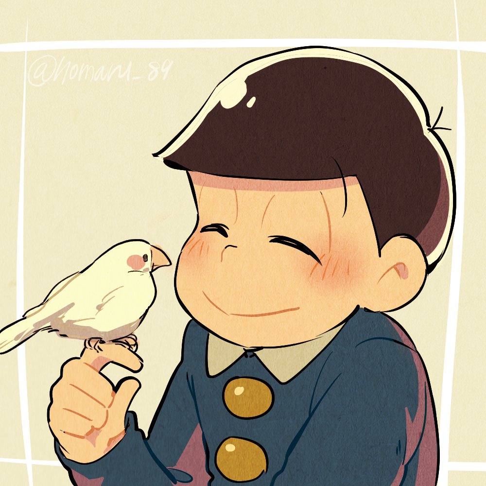 1boy bird bird_on_hand bowl_cut brown_hair closed_eyes commentary_request husagin matsuno_juushimatsu osomatsu-kun sextuplet_(osomatsu-kun) smile twitter_username upper_body wing_collar