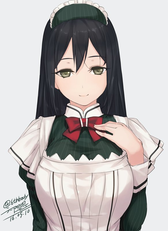 1girl alternate_costume artist_name black_hair breasts brown_eyes chikuma_(kantai_collection) dated grey_background headdress kantai_collection long_hair looking_at_viewer rokuwata_tomoe simple_background smile solo twitter_username
