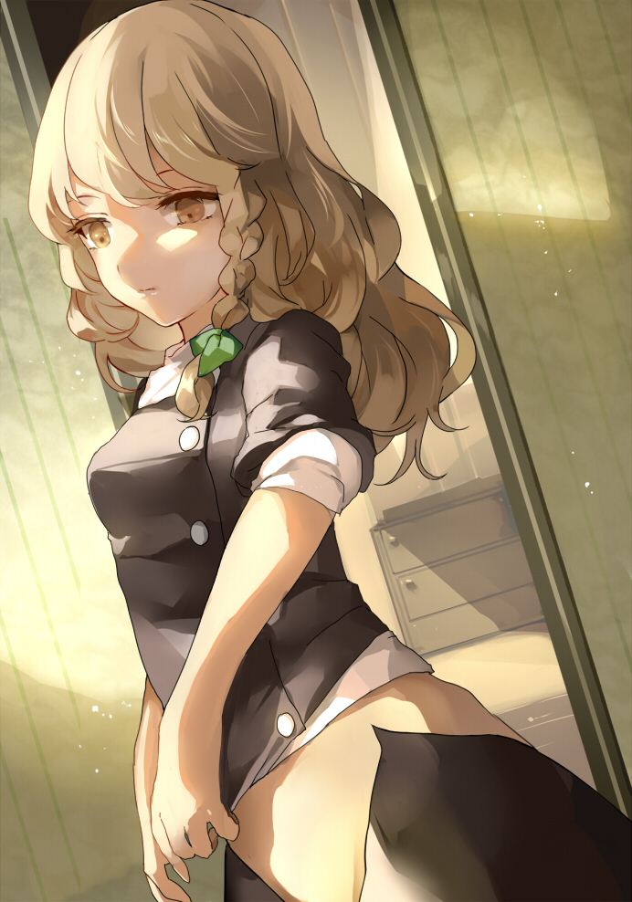 1girl blonde_hair braid dutch_angle hillly_(maiwetea) kirisame_marisa long_hair no_panties open_clothes open_skirt out-of-frame_censoring puffy_short_sleeves puffy_sleeves shirt short_sleeves single_braid skirt solo touhou undressing vest yellow_eyes
