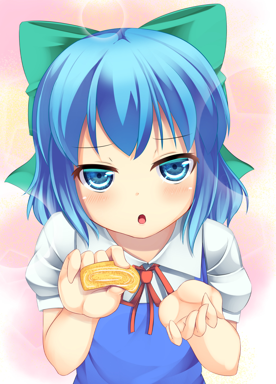 1girl :o blue_dress blue_eyes blue_hair blush cirno dress giving gradient gradient_background hair_ribbon highres kirimori_toya looking_at_viewer omelet open_hand puffy_short_sleeves puffy_sleeves ribbon short_hair short_sleeves solo tamagoyaki touhou upper_body