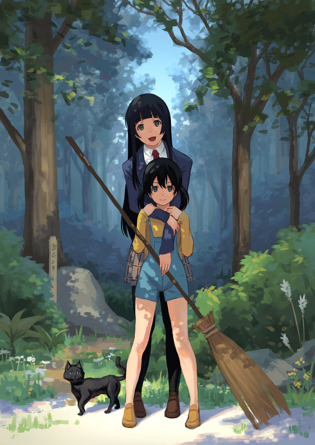 2girls :d animal arm_holding bangs bare_legs black_cat black_hair black_legwear blazer broom brown_shoes bush cat closed_mouth collared_shirt dappled_sunlight dress_shirt flying_witch grass green_eyes hand_on_another's_arm height_difference highres holding_broom hug hug_from_behind jacket kowata_makoto kuramoto_chinatsu legs_apart loafers long_hair long_sleeves looking_at_viewer miniskirt multiple_girls necktie open_mouth outdoors overalls pantyhose pinakes plaid plaid_skirt pleated_skirt red_necktie rock school_uniform shade shirt shoes skirt smile standing sunlight tree twintails white_shirt yellow_shoes