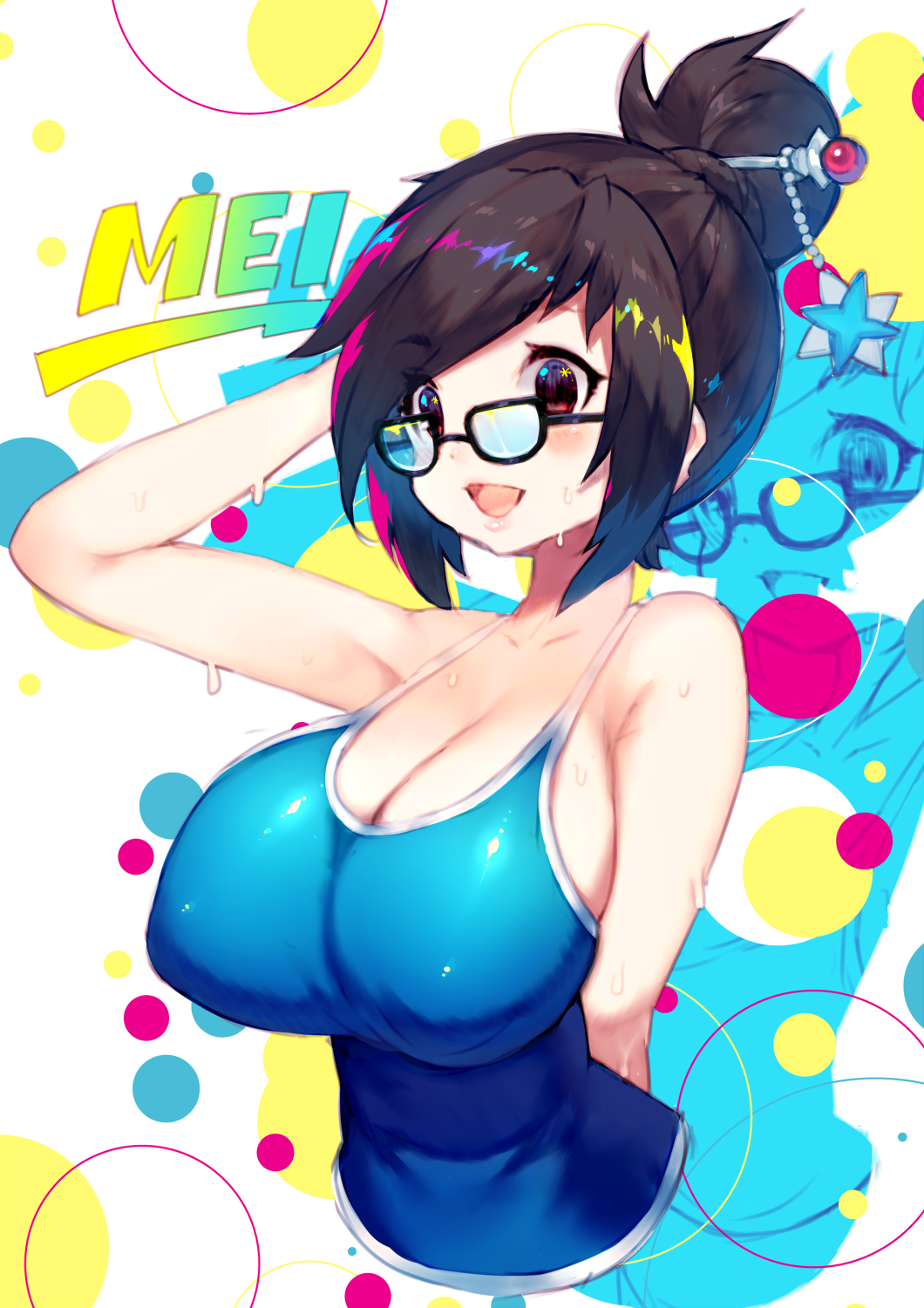 1girl :d black-framed_glasses blush breasts brown_hair cleavage glasses hair_bun hair_ornament hairpin highres large_breasts looking_at_viewer mamuru mei_(overwatch) open_mouth overwatch short_hair smile solo tank_top