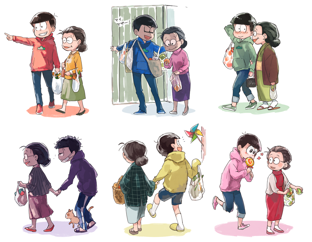 1girl 6+boys :&gt; :d ^_^ arm_at_side bag black_hair black_shoes blue_pants blue_shoes blush brothers cat closed_eyes collage door food fruit glasses green_skirt grin heart heart_in_mouth holding_bag hood hoodie long_sleeves matsuno_choromatsu matsuno_ichimatsu matsuno_juushimatsu matsuno_karamatsu matsuno_matsuyo matsuno_osomatsu matsuno_todomatsu mother_and_son multiple_boys nuriko-kun open_mouth osomatsu-kun osomatsu-san outstretched_arm outstretched_arms pants plastic_bag pointing purple_skirt red_shoes rimless_glasses round_glasses sextuplets shoes shopping shopping_bag shoulder_bag siblings simple_background skirt smile standing vegetable walking white_background white_shoes