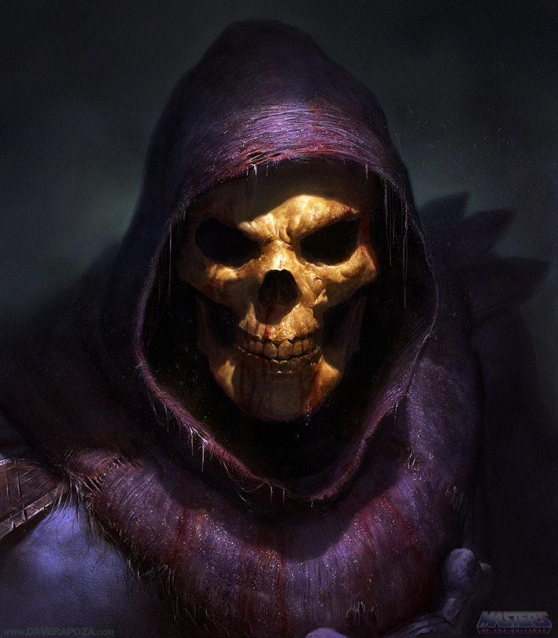 1boy armor blue_skin bone damaged dave_rapoza fantasy head hood logo looking_at_viewer masters_of_the_universe portrait realistic skeletor skull watermark
