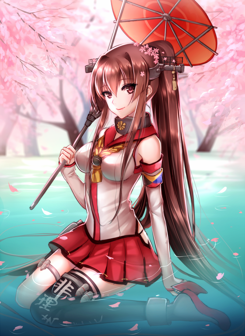 1girl anchor arm_support breasts brown_hair cherry_blossoms detached_sleeves elbow_gloves flower from_side gloves hair_between_eyes hair_flower hair_ornament kantai_collection light_smile lips long_hair looking_at_viewer meaomao medium_breasts miniskirt oriental_umbrella outdoors petals ponytail red_skirt ripples seiza single_thighhigh sitting skirt thigh-highs umbrella very_long_hair white_gloves yamato_(kantai_collection)
