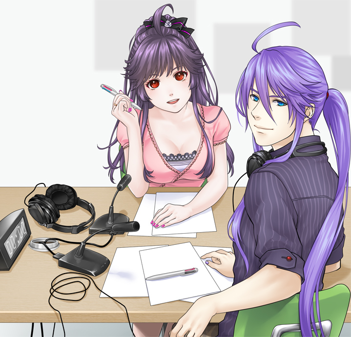 1boy 1girl :d ahoge alternate_costume back bangs bow breasts cable casual chair cleavage clock closed_mouth collared_shirt genderswap genderswap_(mtf) hair_between_eyes hair_bow hair_tie headphones headphones_around_neck headphones_removed holding_pen kamui_gakupo long_hair looking_at_viewer looking_back microphone nail_polish ohse open_mouth pen pink_nails ponytail purple_hair purple_nails red_eyes shirt short_sleeves sidelocks sitting sitting_on_chair smile table time very_long_hair vocaloid white_background