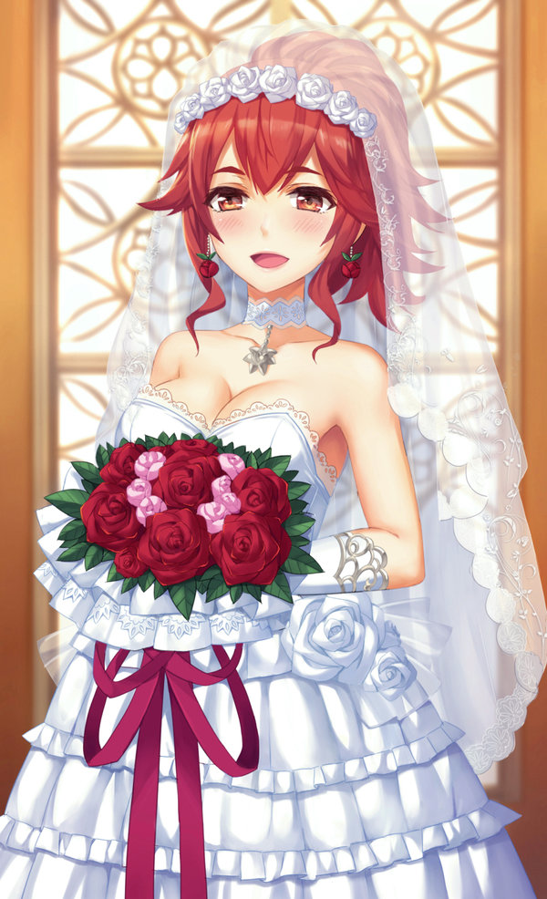 1girl :d anna_(fire_emblem) armpits bare_shoulders blush bouquet breasts bridal_veil bride choker cleavage collarbone dress earrings elbow_gloves fire_emblem fire_emblem:_kakusei flower frilled_dress frills gloves holding holding_flower indoors jewelry large_breasts layered_dress long_hair looking_at_viewer open_mouth pendant ponytail red_eyes red_ribbon red_rose redhead ribbon rose see-through smile solo strapless strapless_dress tareme tonee upper_body veil wedding_dress white_dress white_gloves window