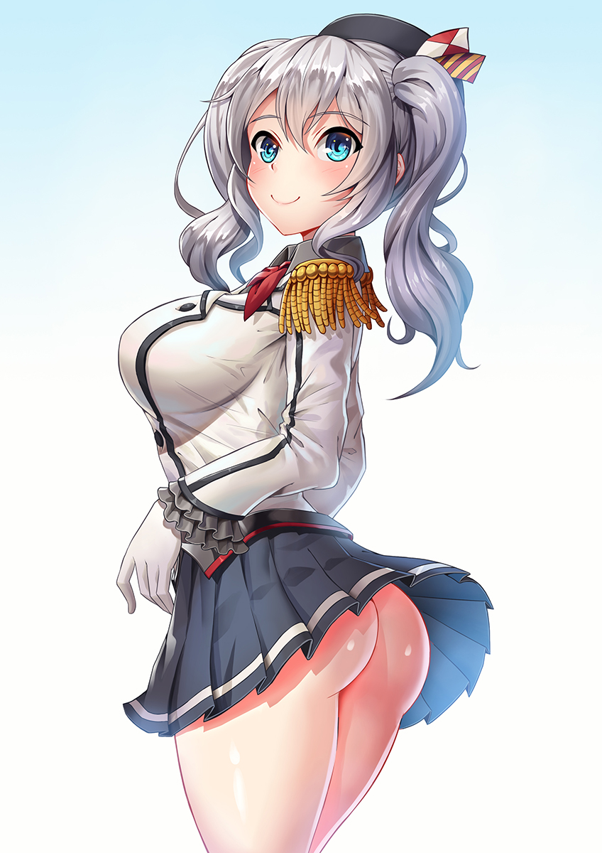 1girl ass bangs beret black_hat blue_eyes blush breasts buttons closed_mouth collared_shirt cowboy_shot epaulettes eyebrows eyebrows_visible_through_hair frilled_sleeves frills from_side gloves gradient gradient_background grey_shirt hair_between_eyes hat highres jacket kantai_collection kashima_(kantai_collection) large_breasts long_hair long_sleeves looking_at_viewer miniskirt no_panties pleated_skirt shirt sidelocks silver_hair skirt skirt_lift smile solo striped tako_seijin twintails upskirt wavy_hair white_gloves