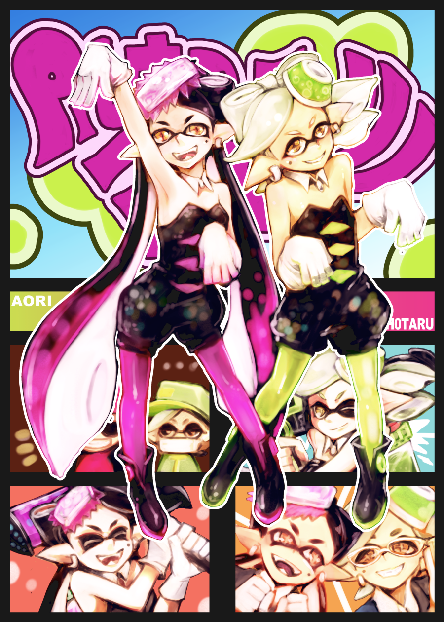 +_+ 2girls ankle_boots aori_(splatoon) baseball_cap beanie bespectacled black_boots black_dress black_hair boots brown_eyes casual character_name closed_eyes detached_collar domino_mask dress earrings face_mask fangs food food_on_head glasses gloves grey_hair grin hat hero_charger_(splatoon) hero_roller_(splatoon) highres hotaru_(splatoon) jewelry long_hair looking_at_viewer mask mineta_naoki mole mole_under_eye multiple_girls object_on_head one_eye_closed open_mouth pantyhose pointy_ears pose short_dress short_hair short_jumpsuit smile splatoon squidbeak_splatoon standing strapless strapless_dress sunglasses tentacle_hair white_gloves