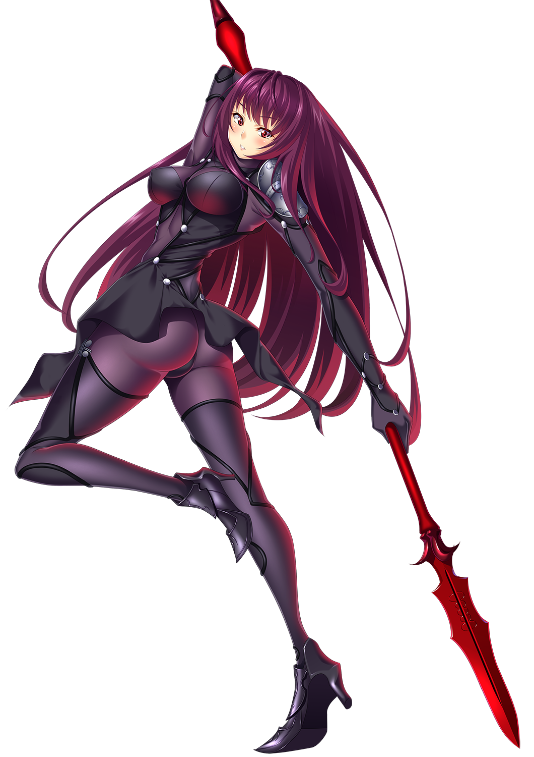 1girl ame_isshiki armor ass bangs blush bodysuit breasts eyebrows eyebrows_visible_through_hair fate/grand_order fate_(series) full_body gae_bolg gloves high_heels highres holding holding_weapon large_breasts long_hair looking_at_viewer parted_lips pauldrons polearm purple_hair red_eyes scathach_(fate/grand_order) solo thigh-highs transparent_background very_long_hair weapon