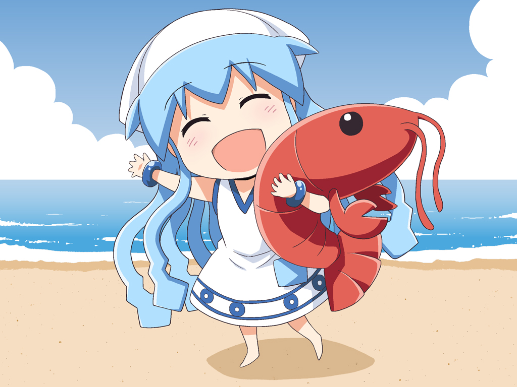 1girl :d ^_^ beach blush closed_eyes dress enoya-eno hat mini-ikamusume ocean open_mouth shrimp smile solo splatoon