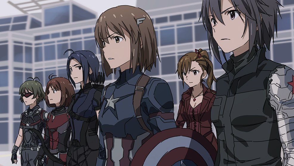 1boy 5girls ahoge akizuki_ryou ant-man ant-man_(cosplay) black_hair blue_hair bow_(weapon) brown_hair captain_america captain_america_(cosplay) captain_america_civil_war character_request cosplay gloves hawkeye_(marvel) hawkeye_(marvel)_(cosplay) idolmaster idolmaster_dearly_stars jewelry kikuchi_makoto marvel multiple_girls necklace parody quiver scarlet_witch scarlet_witch_(cosplay) shield side_ponytail sunglasses taku1122 the_falcon the_falcon_(cosplay) weapon winter_soldier winter_soldier_(cosplay)