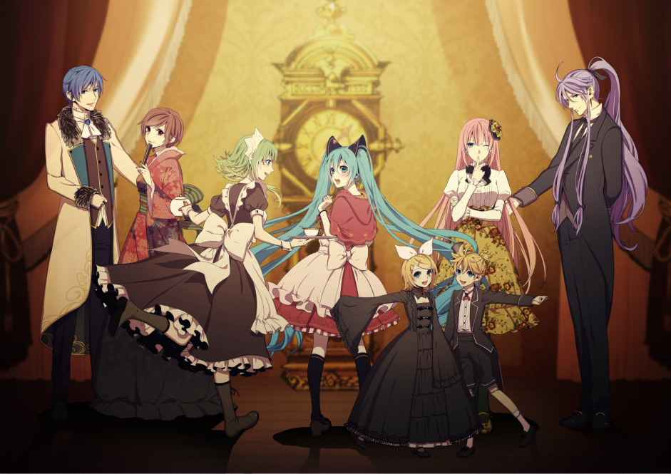 3boys 5girls alternate_costume bad_end_night_(vocaloid) blue_eyes brown_hair doll_joints dress everyone formal gothic green_eyes gumi hair_ornament hair_ribbon hairclip hat hatsune_miku japanese_clothes kagamine_len kagamine_rin kaito kamui_gakupo kimono long_hair maid megurine_luka meiko multiple_boys multiple_girls one_eye_closed ribbon short_hair suit suzunosuke_(sagula) top_hat twintails vocaloid wallpaper