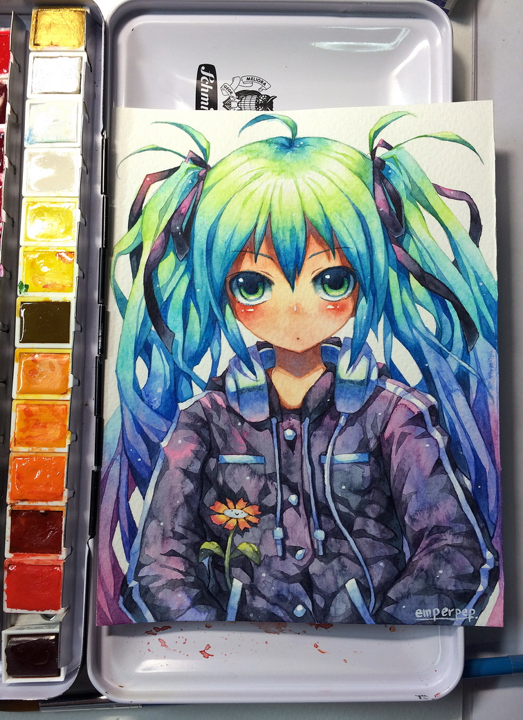 1girl :o ahoge aqua_hair artist_name black_ribbon blue_eyes blue_hair blush buttons cable emperpep flower gradient_hair hair_ribbon hands_in_pocket hatsune_miku headphones headphones_around_neck jacket japanese_clothes long_hair long_sleeves looking_at_viewer multicolored_hair parted_lips photo pocket prange_flower purple_hair purple_jacket ribbon smiley_face solo tareme traditional_media twintails upper_body very_long_hair vocaloid watercolor_(medium)
