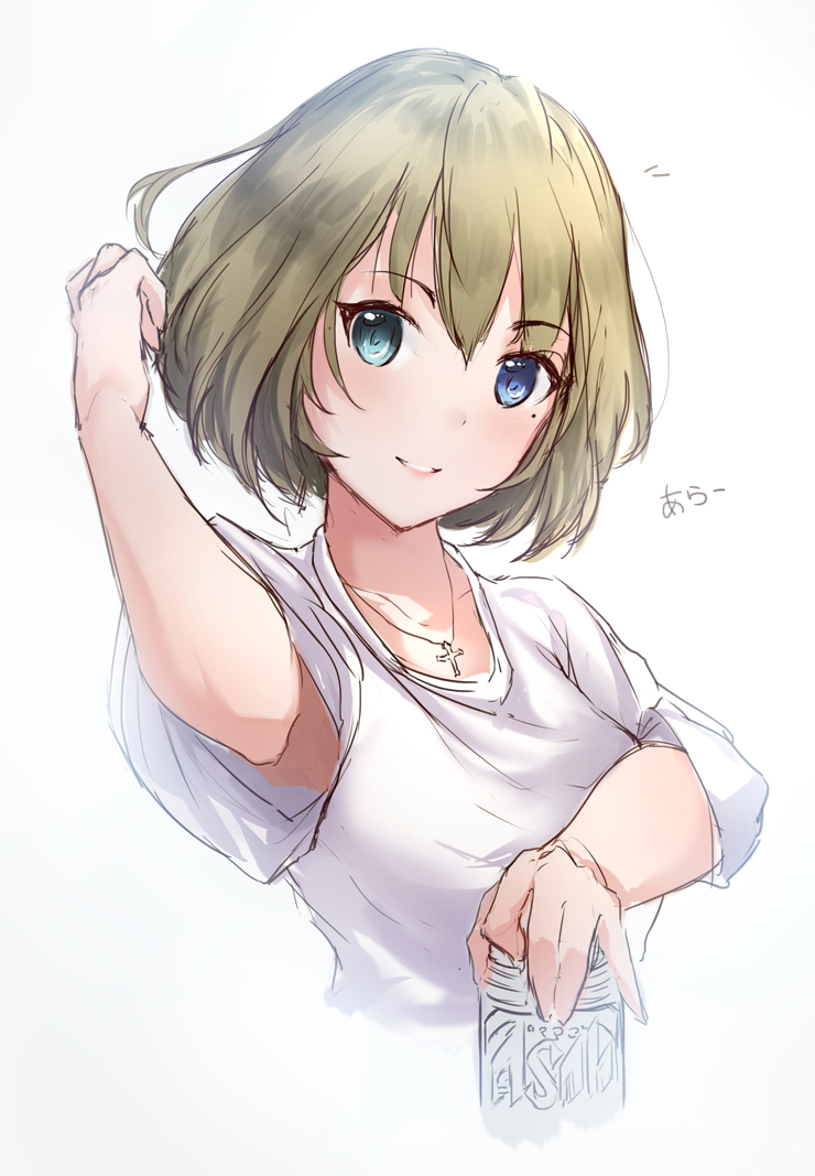 1girl arm_up armpit_peek blue_eyes collarbone cross cross_necklace eyebrows eyebrows_visible_through_hair green_eyes green_hair hand_in_hair head_tilt holding idolmaster idolmaster_cinderella_girls jewelry light_smile lips necklace parted_lips pendant portrait rorona_s. shirt short_hair short_sleeves simple_background skecht smile soda_can solo takagaki_kaede tareme text translation_request upper_body white_background white_shirt