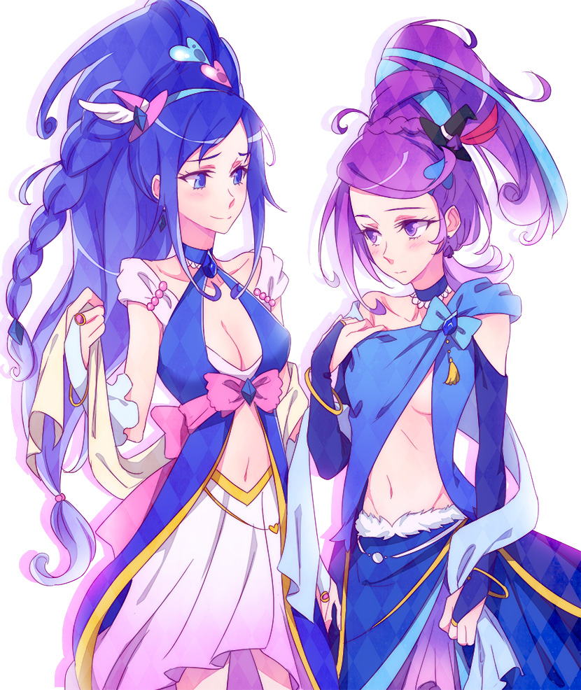 2girls blue_eyes blue_hair blush bracelet breasts bridal_gauntlets choker cleavage cure_magical cure_magical_(cosplay) cure_miracle cure_miracle_(cosplay) dokidoki!_precure hair_ornament hat hishikawa_rikka jewelry kenzaki_makoto long_hair looking_at_another magical_girl mahou_girls_precure! mini_hat mini_witch_hat multiple_girls navel negom ponytail precure sapphire_(stone) sapphire_style short_hair smile spade_hair_ornament under_boob violet_eyes witch_hat