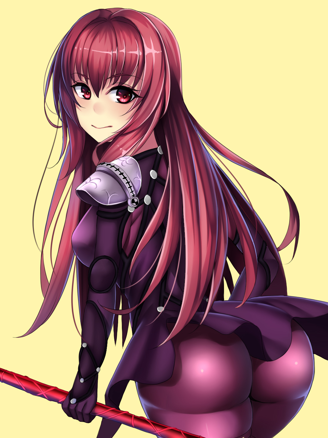 ass beeyan breasts fate/grand_order fate_(series) highres long_hair looking_at_viewer looking_back polearm redhead scathach_(fate/grand_order) simple_background skirt very_long_hair weapon yellow_background