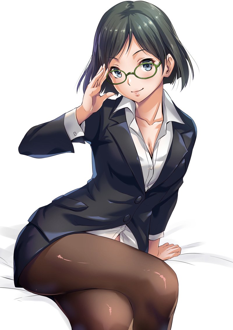 1girl adjusting_glasses arm_up black_hair black_jacket black_skirt blue_eyes breasts brown_legwear buttons cleavage closed_mouth collarbone collared_shirt crossed_legs dress_shirt formal glasses green-framed_glasses head_tilt jacket kantai_collection kirishima_(kantai_collection) leaning_to_the_side lips long_sleeves looking_at_viewer office_lady pantyhose pencil_skirt sakiyamama shirt short_hair skirt smile solo suit thighs wing_collar