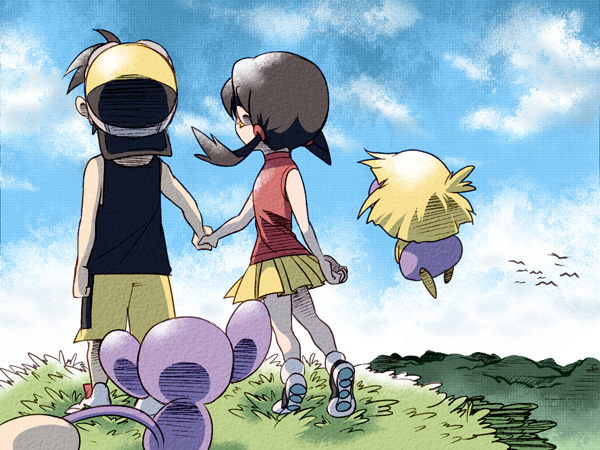 1boy 1girl aipom atom_(@tom) baseball_cap bird black_hair clouds crystal_(pokemon) gold_(pokemon) hat holding_hands pokemon pokemon_(creature) pokemon_special sky smoochum twintails younger