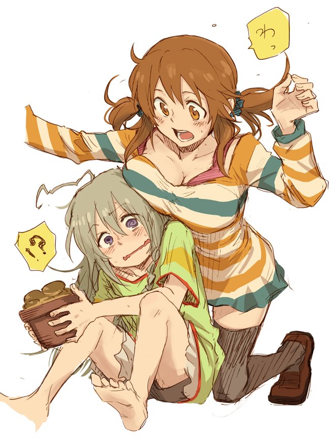 !? 2girls @_@ ahoge bare_legs barefoot blush braid breast_press breasts brown_eyes brown_hair cleavage commentary_request dress grey_eyes hoshi_shouko idolmaster idolmaster_cinderella_girls kneeling kyouno large_breasts long_hair long_sleeves multiple_girls mushroom open_mouth plant potted_plant silver_hair single_braid sitting skirt striped striped_dress thigh-highs totoki_airi twintails very_long_hair
