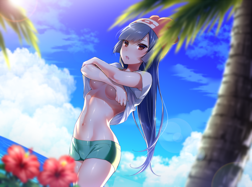 1girl :o akira_(natsumemo) black_hair breasts clouds flower hat lens_flare long_hair looking_at_viewer natsume_(pokemon) open_mouth palm_tree pokemon red_eyes shirt shorts sky solo tree under_boob undressing water white_shirt