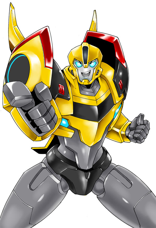 1boy autobot blue_eyes bumblebee clenched_hand glowing glowing_eyes kamizono_(spookyhouse) machine machinery mecha no_humans open_mouth pointing pointing_at_viewer robot science_fiction simple_background smile solo teeth transformers transformers_prime