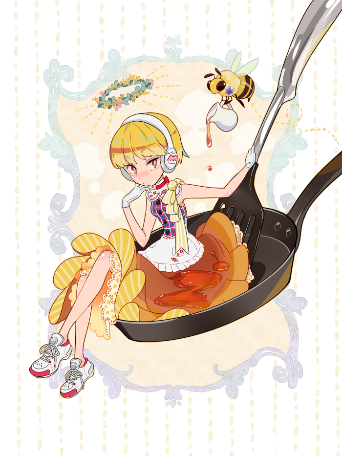 1girl bee blonde_hair brown_skirt choker expressionless food_themed_clothes frying_pan full_body gloves headphones honey looking_at_viewer morinaga_(brand) original pancake personification pouring rakuchii_(rurituvo) red_eyes shoes short_hair sitting skirt sneakers solo spatula white_gloves