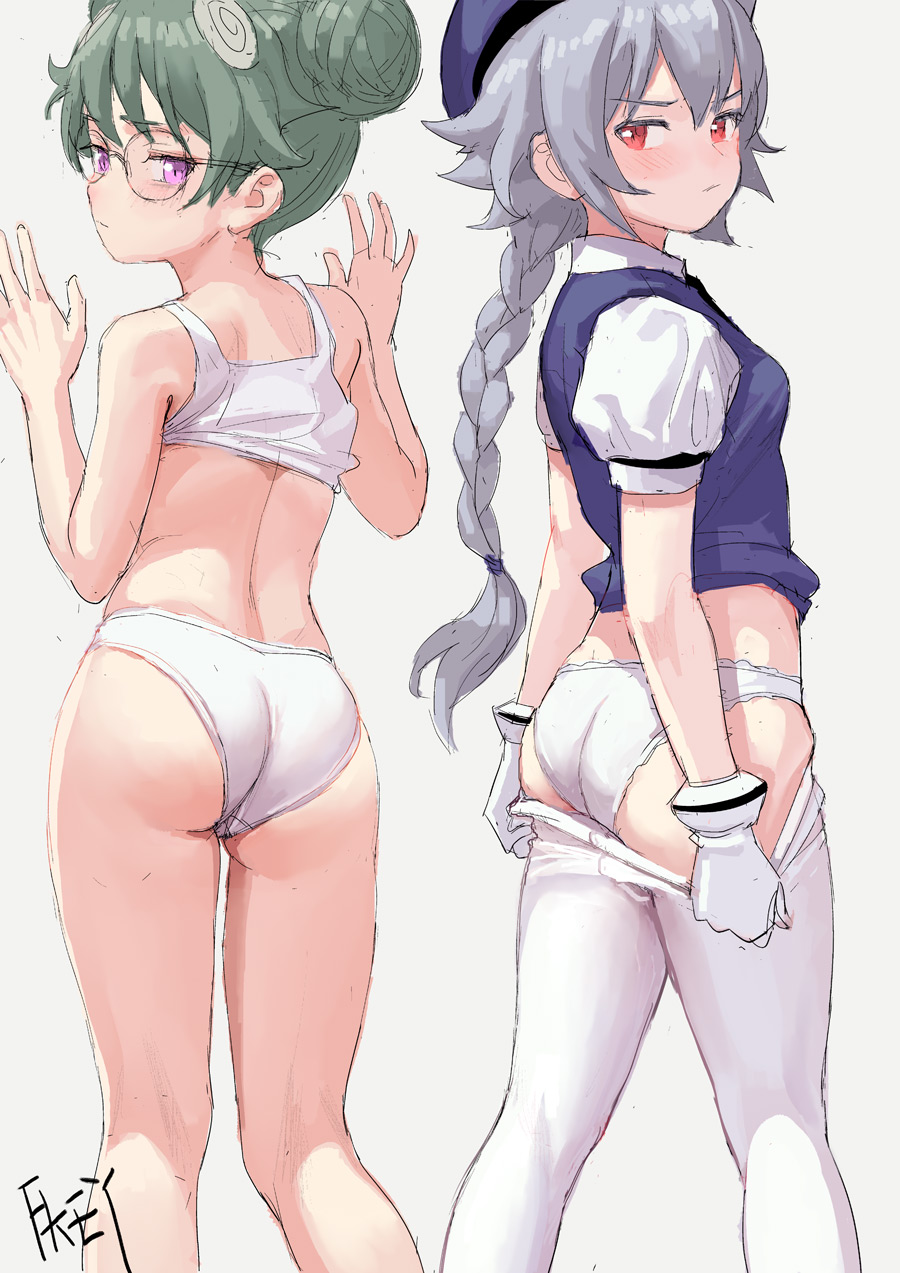 2girls artist_name ass back bare_arms bare_shoulders beret black-framed_eyewear blue_hat blue_vest blush braid breasts chinese_commentary commentary_request crotch_seam double_bun eyebrows_visible_through_hair feet_out_of_frame fkey glasses gloves green_hair grey_background hands_up hat highres long_hair looking_at_viewer looking_back medium_breasts midriff multiple_girls original panties pantyhose pantyhose_pull puffy_short_sleeves puffy_sleeves red_eyes shirt short_sleeves signature silver_hair simple_background single_braid sketch standing tank_top tank_top_lift thighs underwear very_long_hair vest violet_eyes white_gloves white_legwear white_panties white_shirt white_tank_top