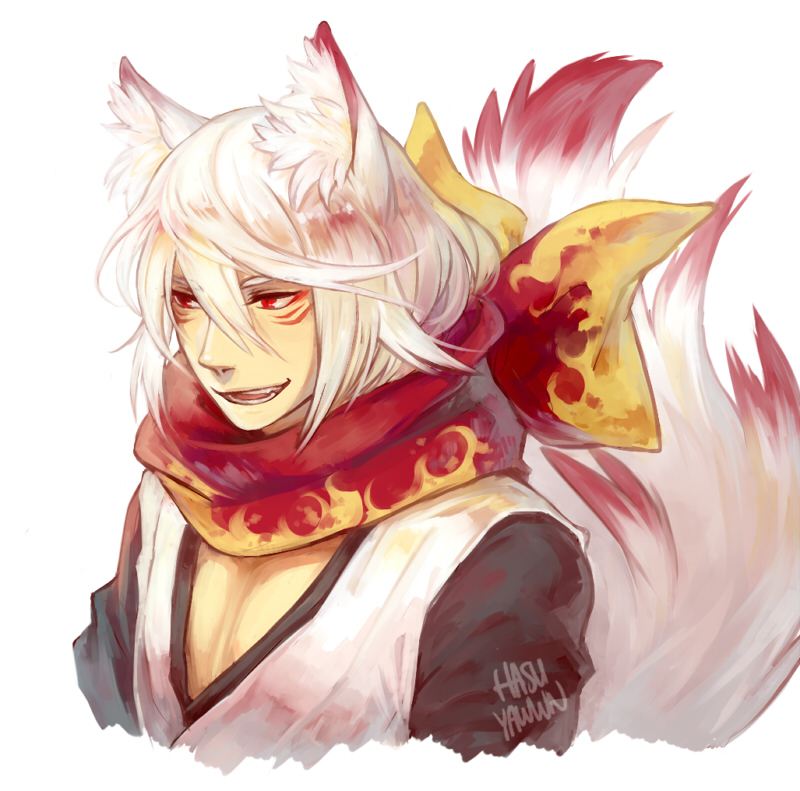 1boy alternate_color alternate_costume alternate_eye_color alternate_hair_color animal_ears artist_name facial_mark fire_emblem fire_emblem_if fox_ears fox_tail hasuyawn nishiki_(fire_emblem_if) open_mouth portrait red_eyes scarf simple_background solo tail teeth white_background white_hair