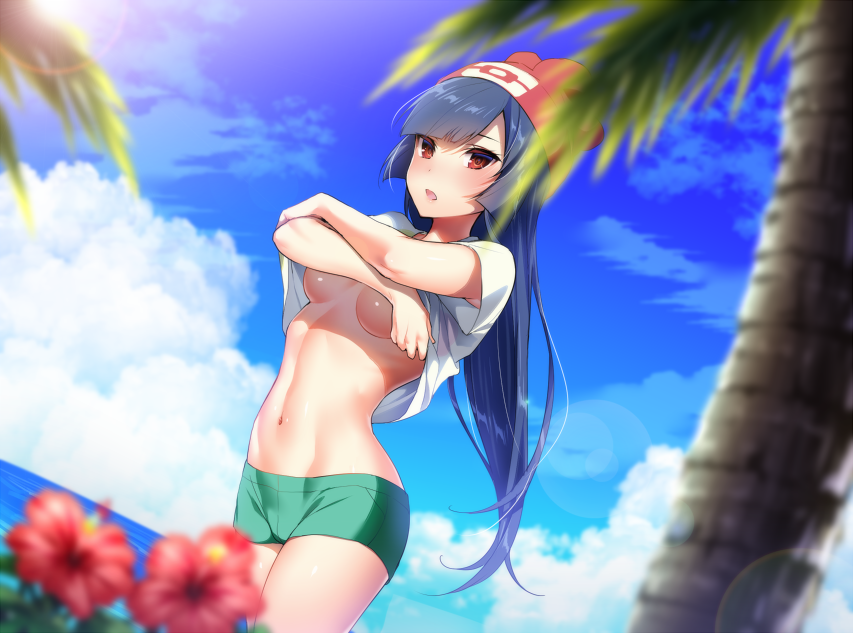 1girl akira_(natsumemo) beach black_hair breasts clouds flower groin hat lens_flare long_hair looking_at_viewer natsume_(pokemon) navel palm_tree pokemon red_eyes shirt shorts sky solo tree under_boob undressing white_shirt