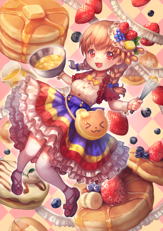 &gt;_&lt; 1girl :d bag banana_slice blueberry blueberry_hair_ornament bow braid brown_hair butter checkered checkered_background closed_eyes food food_themed_clothes food_themed_hair_ornament fruit full_body hair_ornament handbag long_hair looking_at_viewer mixing_bowl morinaga_(brand) nishizawa open_mouth original pancake personification plate red_eyes red_shoes shoes skirt smile solo strawberry strawberry_hair_ornament syrup thigh-highs twin_braids whisk white_legwear yellow_bow