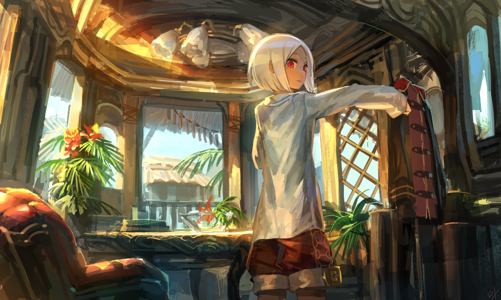 1girl baggy_pants dressing female indoors jacket light looking_at_viewer looking_back original ox_(baallore) pants plant potted_plant ramina_(baallore) red_eyes sleeves_past_wrists solo sunlight tropical white_hair