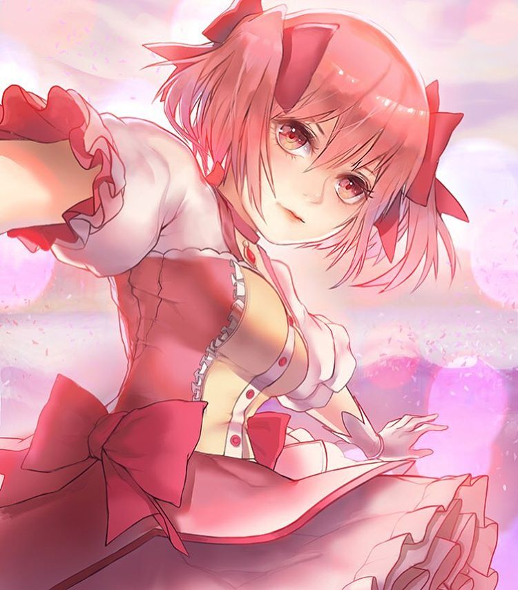 1girl bangs bow choker collaboration colored colorfag dress fuwa_(fuwaffy) gloves hair_between_eyes hair_bow kaname_madoka lips looking_at_viewer magical_girl mahou_shoujo_madoka_magica mouth nose outstretched_arms petticoat pink_bow pink_eyes pink_hair puffy_short_sleeves puffy_sleeves short_sleeves short_twintails solo tetsu_(aurvandil) twintails white_gloves