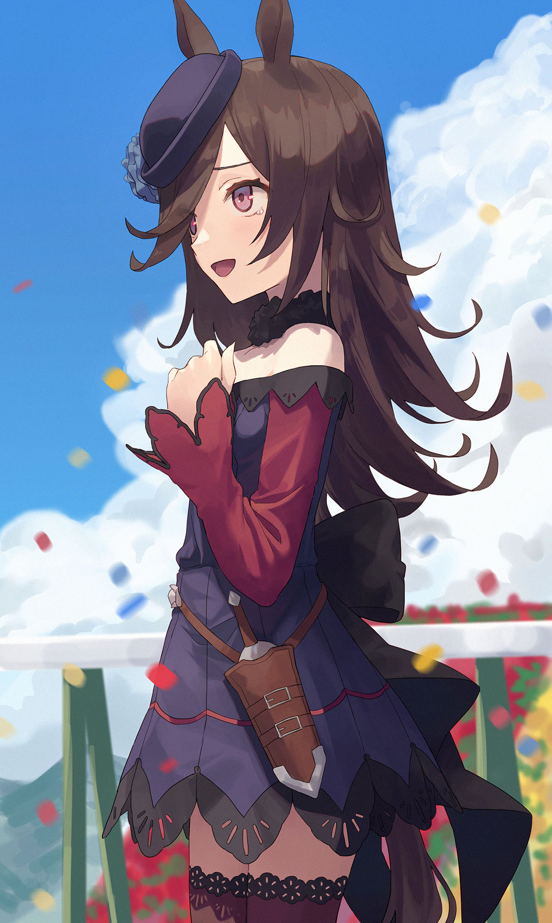 1girl 7aehyun :d animal_ears bangs bare_shoulders black_bow blue_dress blue_sky bow brown_hair brown_legwear clouds cloudy_sky commentary confetti dagger day dress hair_over_one_eye hand_up highres horse_ears horse_girl horse_tail knife long_hair long_sleeves looking_away off-shoulder_dress off_shoulder open_mouth outdoors rice_shower_(umamusume) sky sleeves_past_wrists smile solo tail thigh-highs umamusume weapon