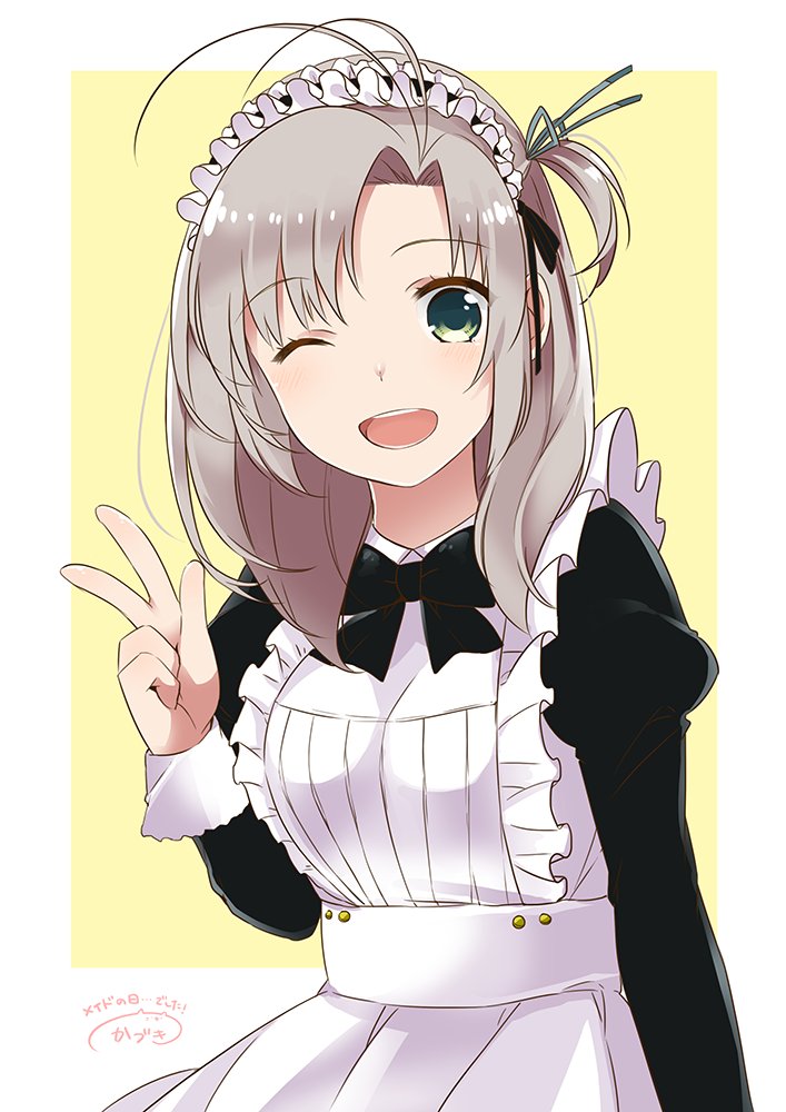 ahoge apron bangs blonde_hair bow breasts commentary_request green_eyes hair_up juliet_sleeves kadzuki_kan kantai_collection kinugasa_(kantai_collection) long_hair long_sleeves maid_apron maid_headdress one_eye_closed open_mouth parted_bangs puffy_sleeves smile translation_request